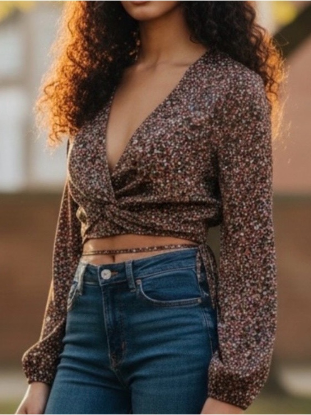 Sans Souci Brown Floral Wrap Blouse